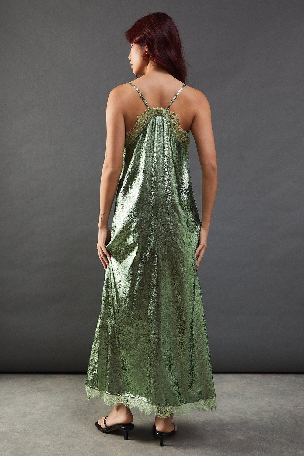 Warehouse Metallic Lame Strappy Lace Insert Slip Midi Dress Green image 3