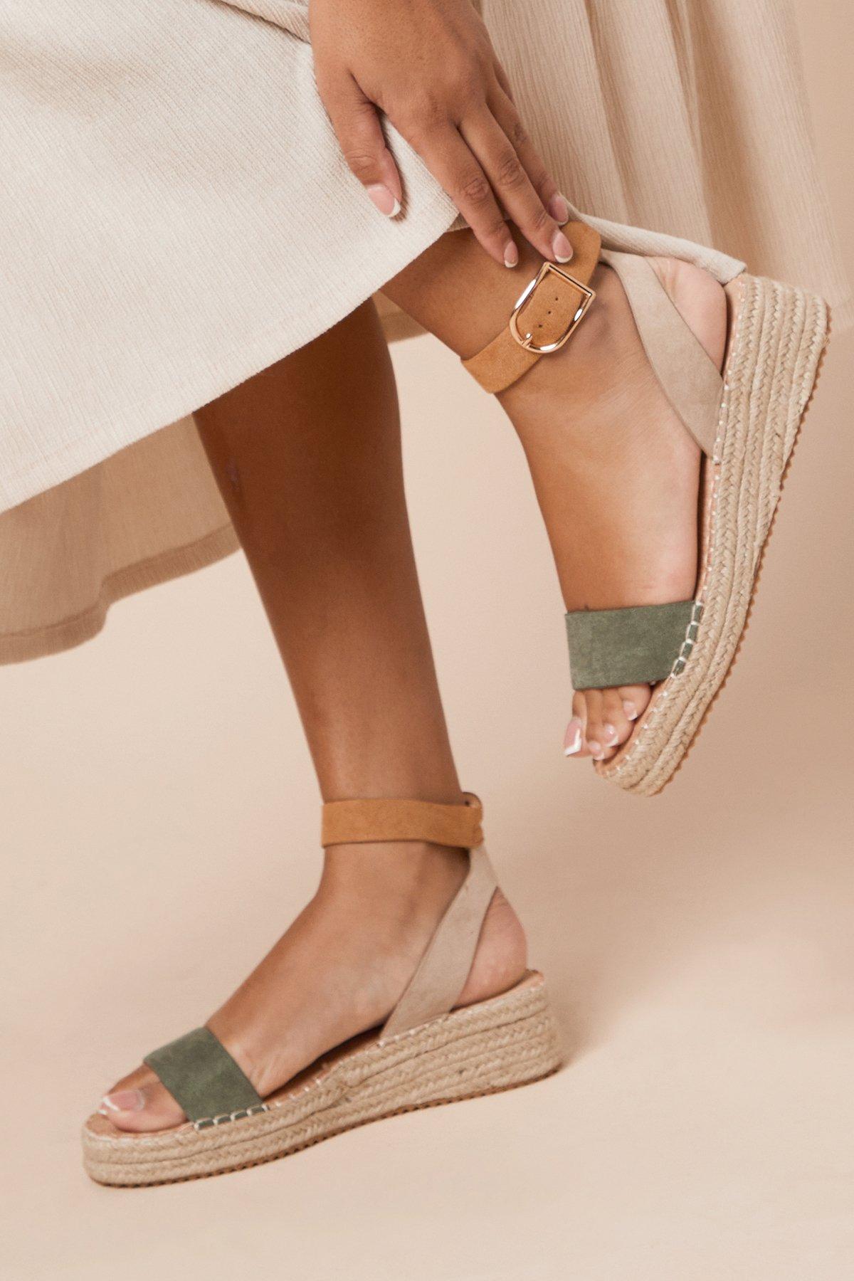 Dorothy Perkins Riva Faux Suede Strap Medium Espadrille Wedge Sandals Khaki image 1