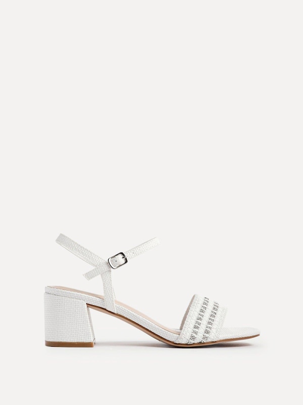 Linzi Indie White Raffia Diamante Block Heeled Sandal