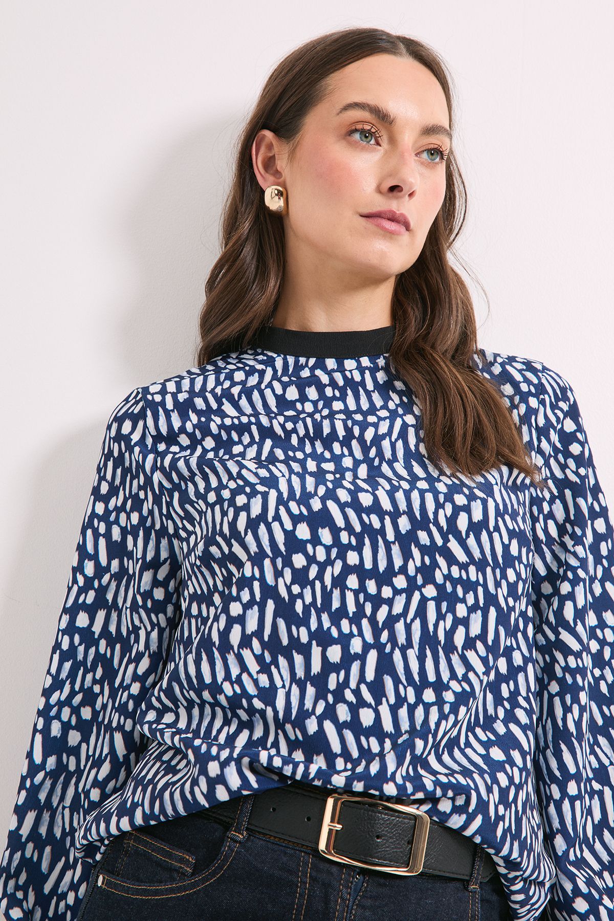 Principles Blue Print High Neck Tie Back Volume Blouse Blue image 4