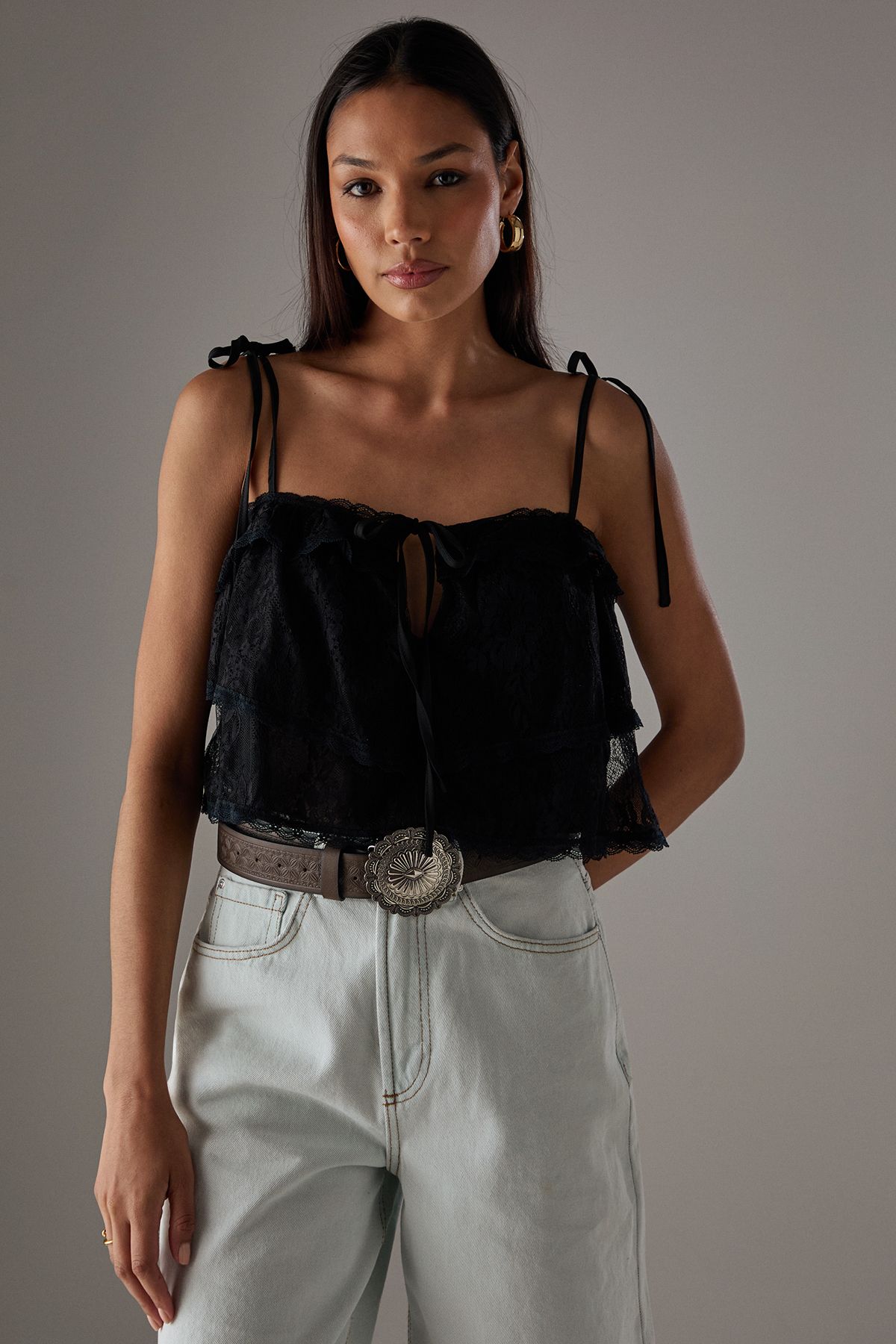 Warehouse Bohemian Lace Strappy Cropped Cami Top Black image 1