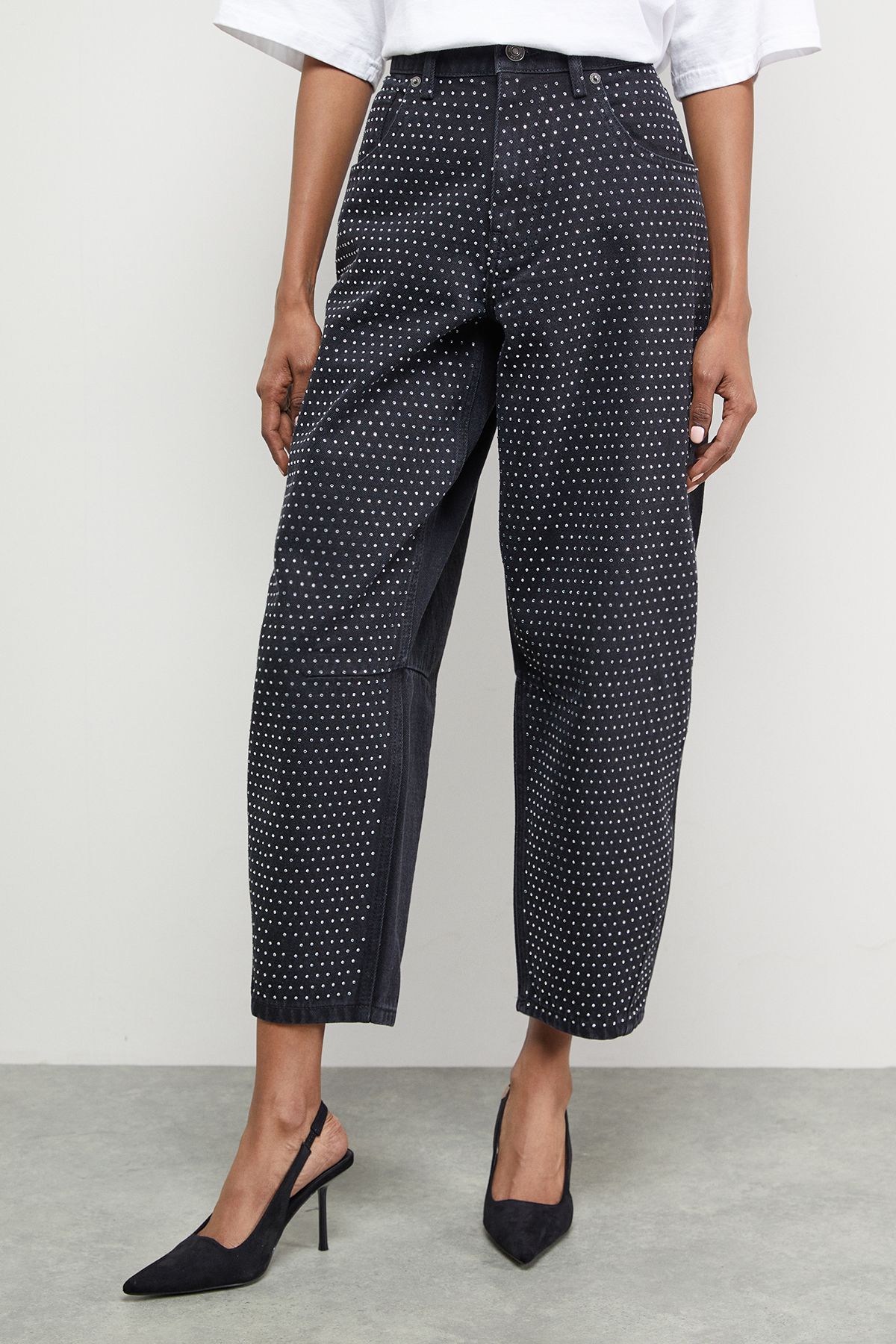 Warehouse Rhinestone Barrel Leg Jean Washed Black image 2