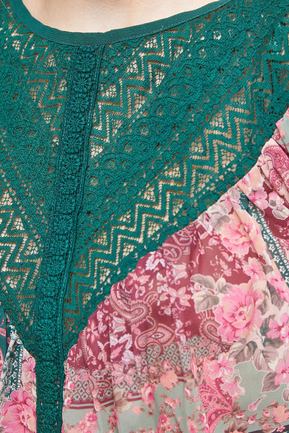 Oasis Printed Lace Yoke Balloon Sleeve Boho Blouse Multi image 5