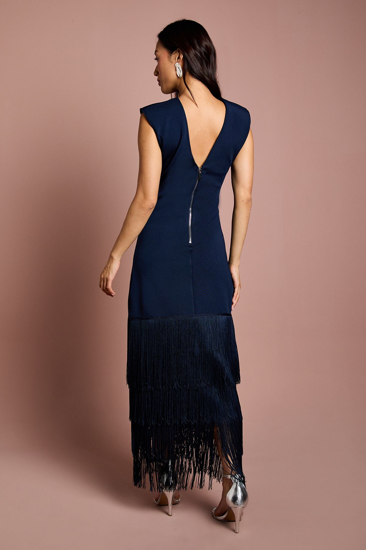 Coast Bandage Knit Fringed Hem Midi Dress Navy image 3