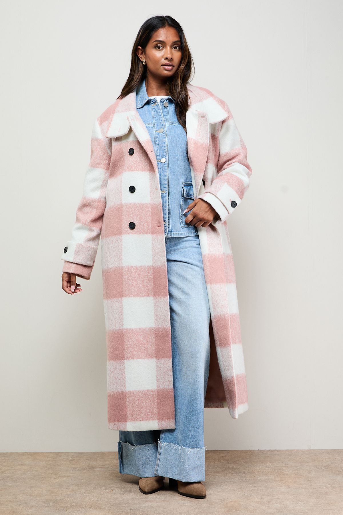 Oasis Brushed Check Funnel Neck Coat Pink image 1