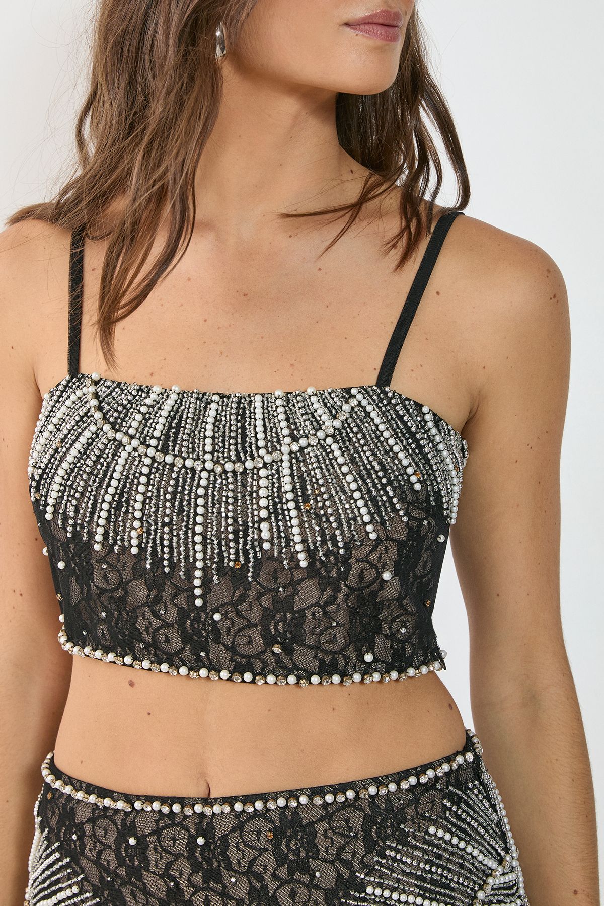 NastyGal Embellished Contrast Lace Strappy Sequin Crop Top Black image 5