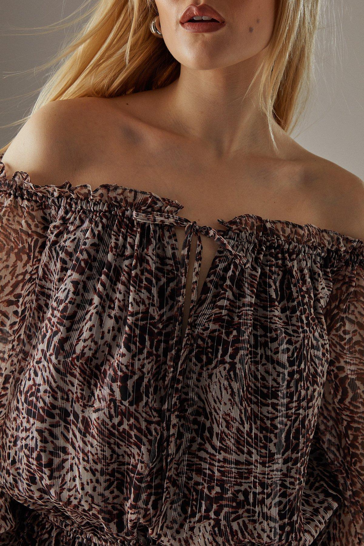 Warehouse Metallic Chiffon Bardot Drop Waist Mini Dress Animal image 4