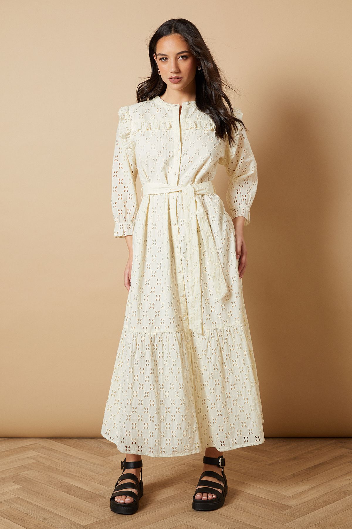 Oasis Broderie Button Through Midi Dress Ivory image 1