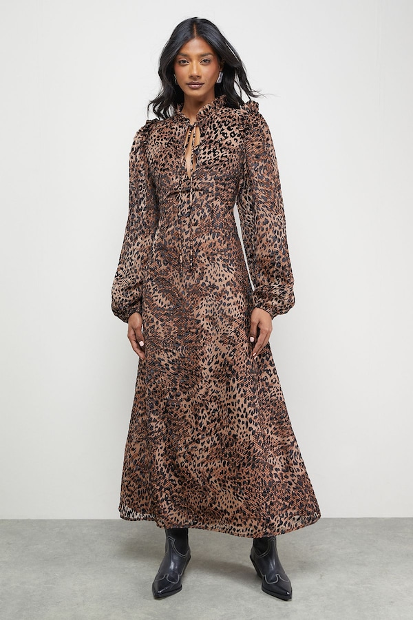 Warehouse Burnout Velvet Frill Shoulder Tie Front Midi Dress Animal