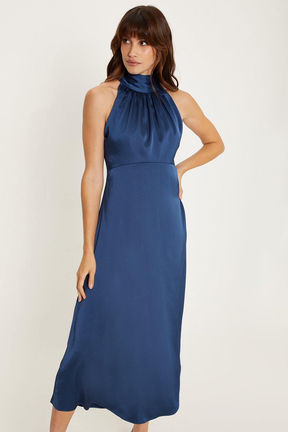Oasis Satin Halter Neck Midi Bridesmaids Dress Navy image 2