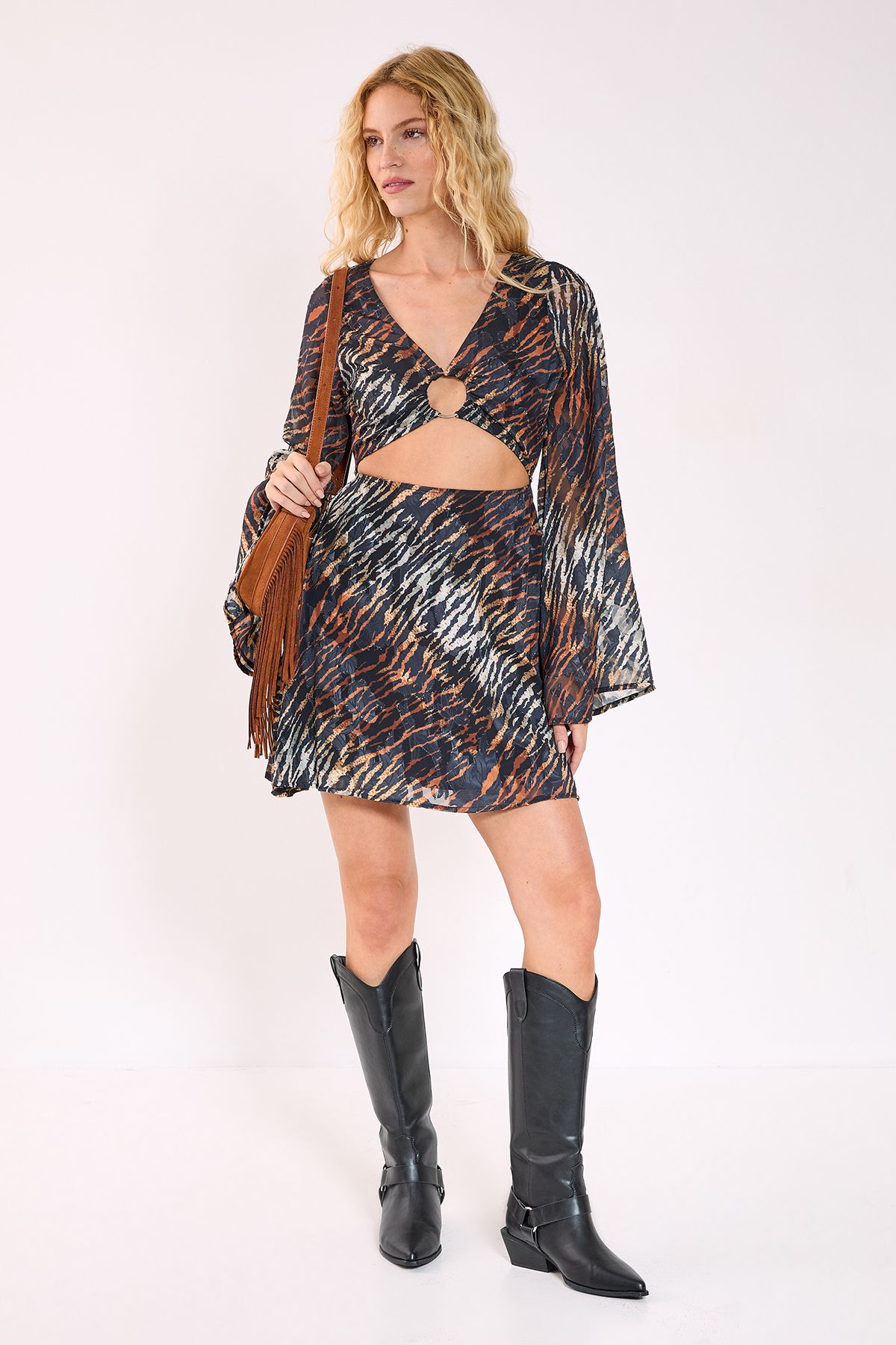 NastyGal Animal Burnout Ring Cut Out Flared Sleeve Mini Dress Black image 2