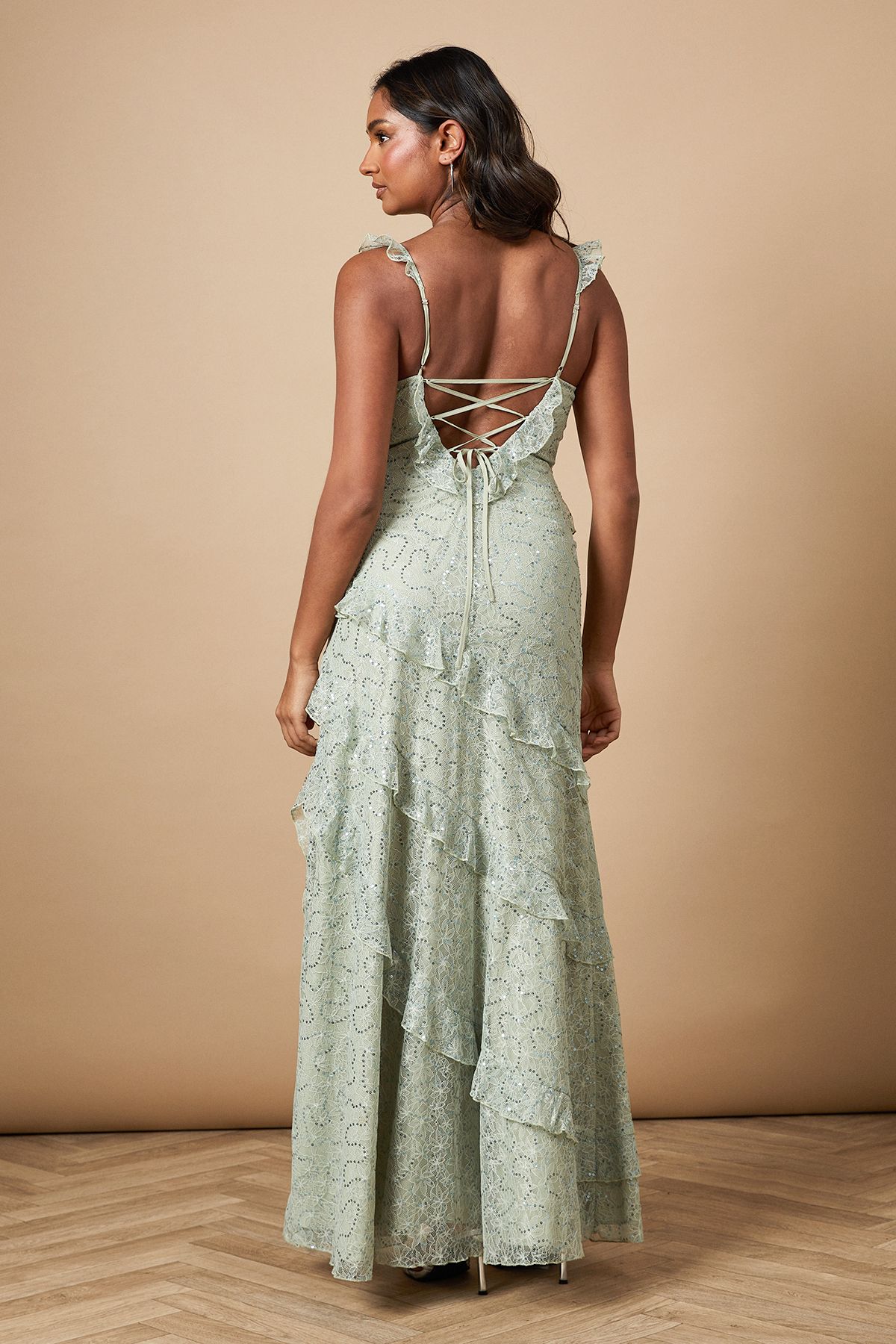 Oasis Sequin Lace Ruffle Detail Midaxi Dress Sage image 3