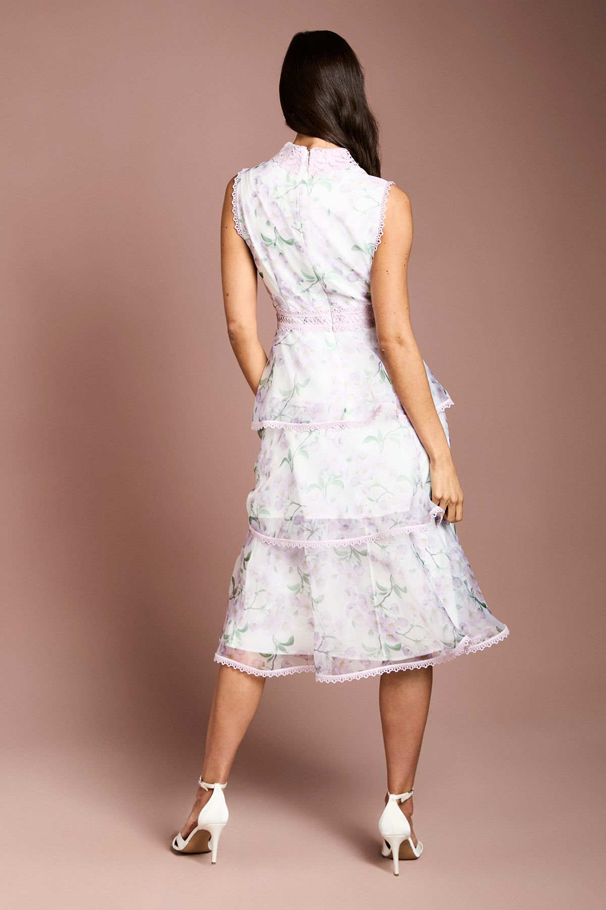 Coast Floral Organza Lace Collar Tiered Midi Dress Ivory image 3