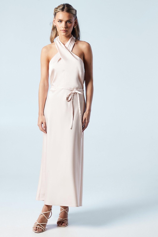 Oasis Petite Cross Front Halter Neck Bridesmaids Midi Dress Blush