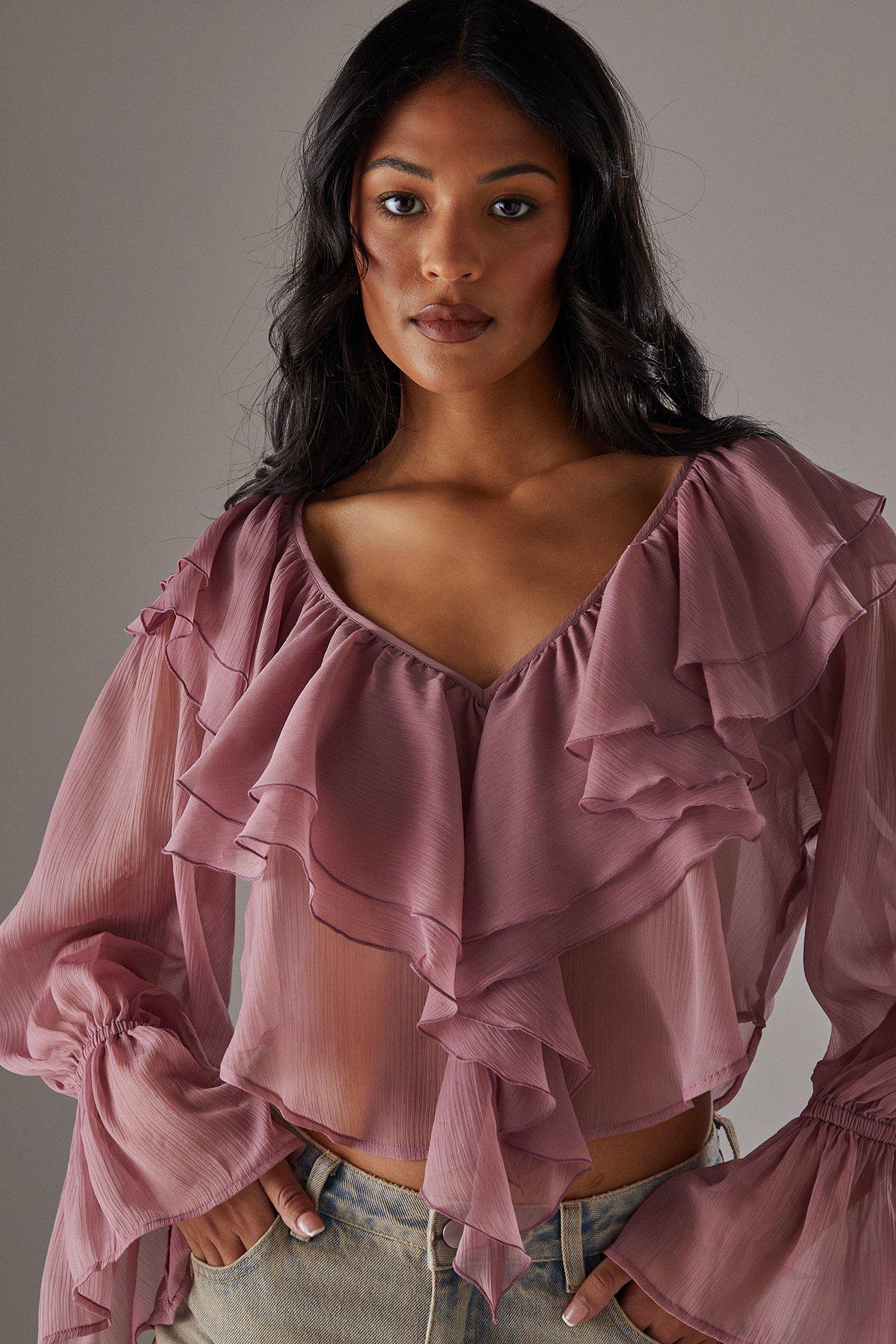 Warehouse Chiffon Double Ruffle Boho Blouse Rose image 2