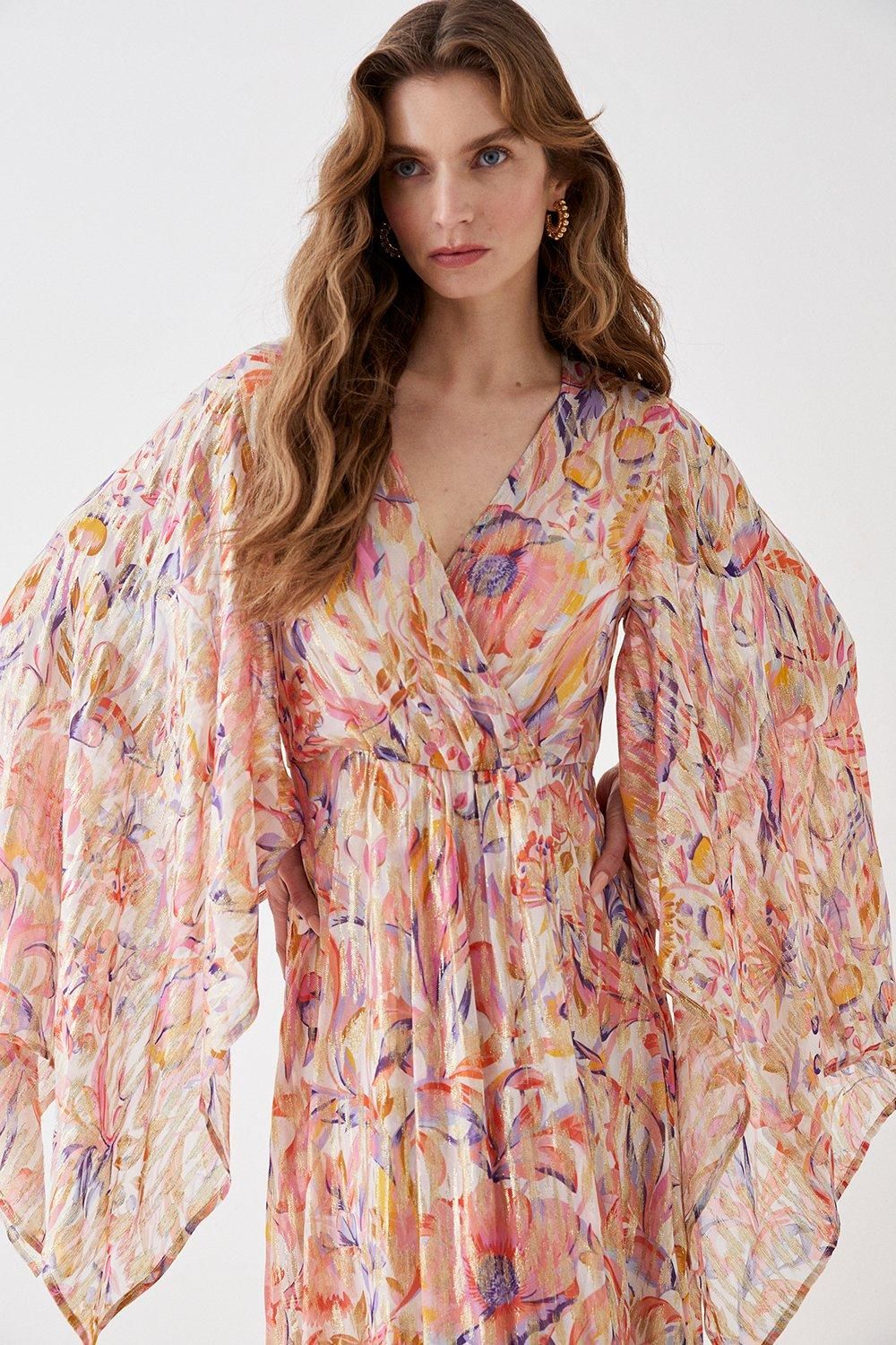 Coast Alexandra Farmer Metallic Volume Sleeve Maxi Dress Pink