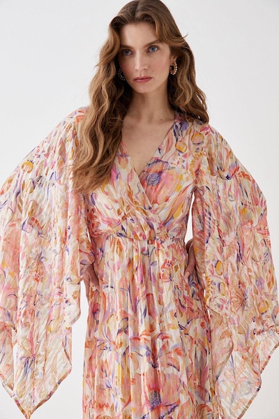 Coast Alexandra Farmer Metallic Volume Sleeve Maxi Dress Pink