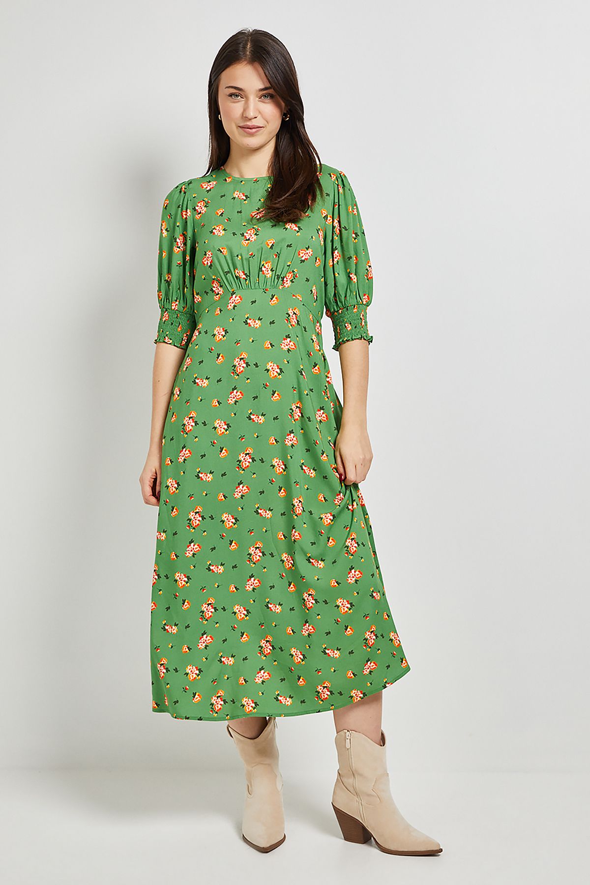 Dorothy Perkins Green Floral Shirred Cuff Midi Dress Green