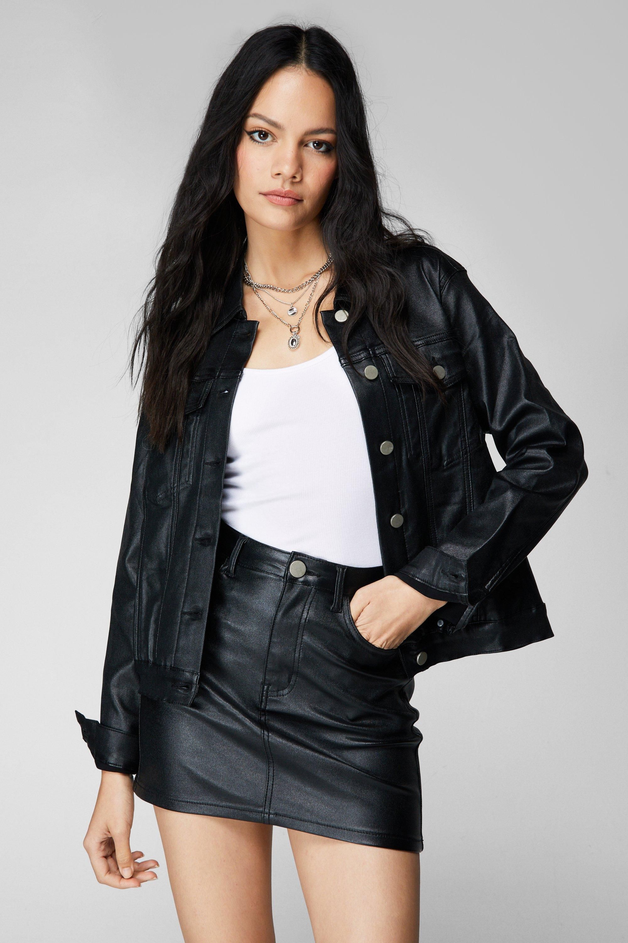 NastyGal Metallic Coated Denim Jacket Black image 3
