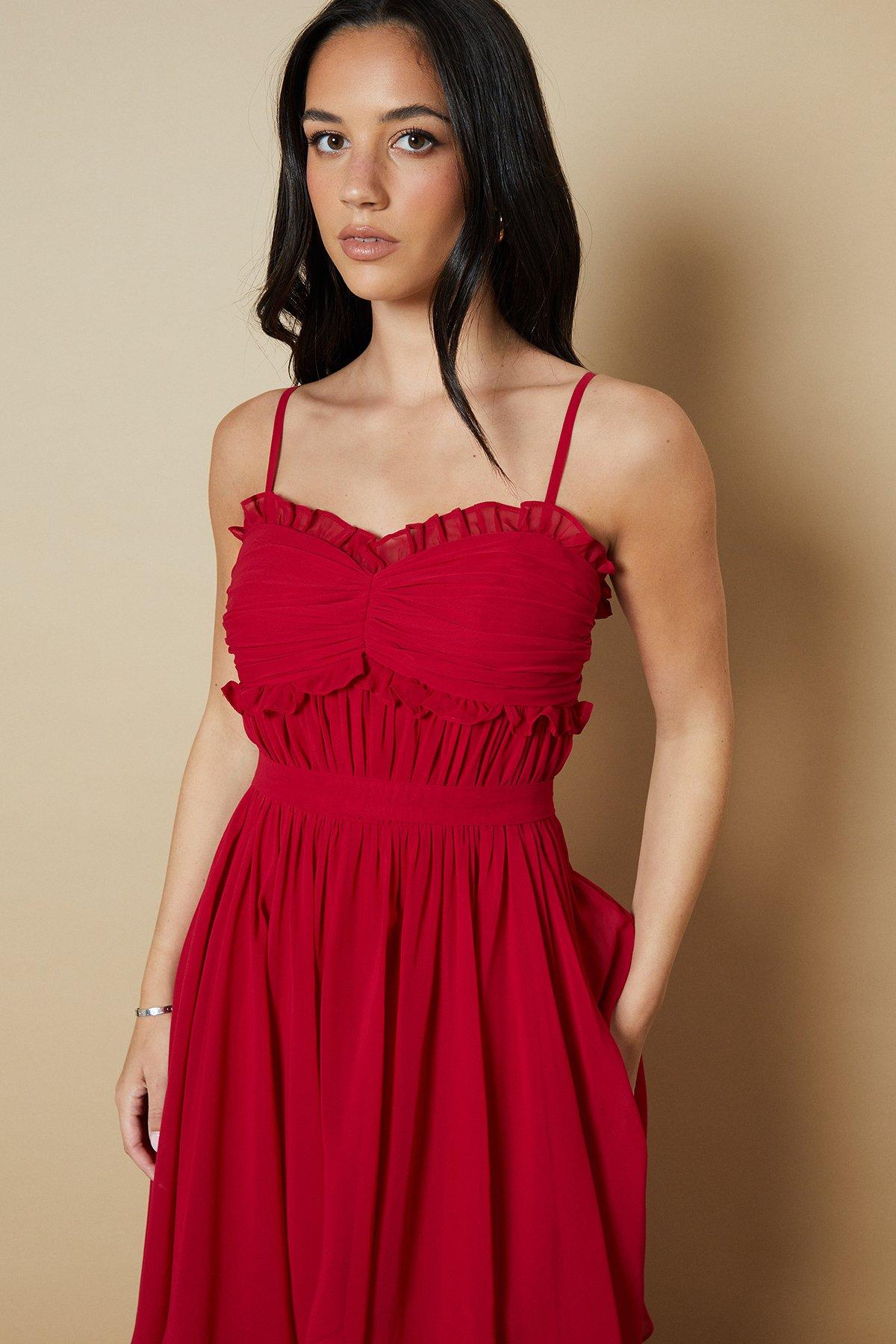 Oasis Strappy Scallop Bust Tiered Midi Dress Red image 2