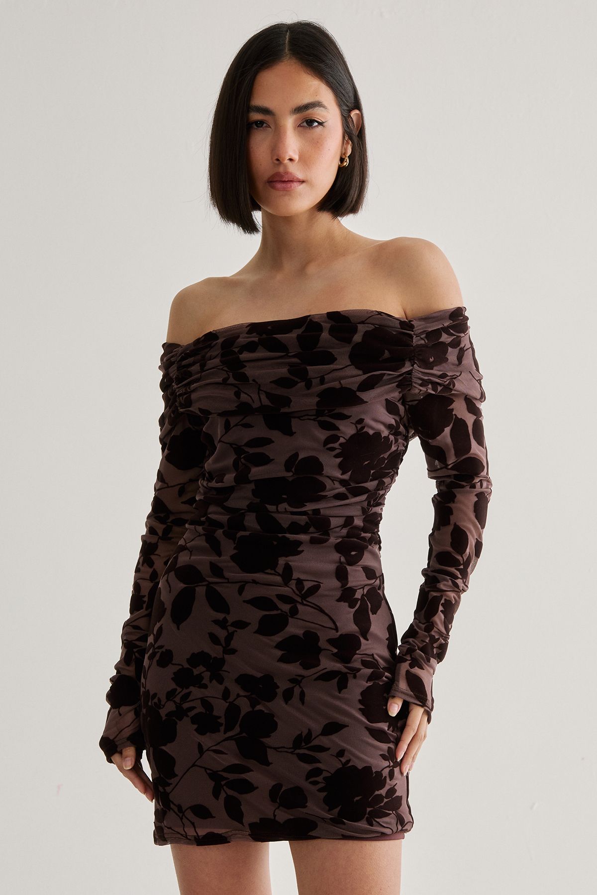 NastyGal Floral Devore Ruched Mini Dress Chocolate image 1