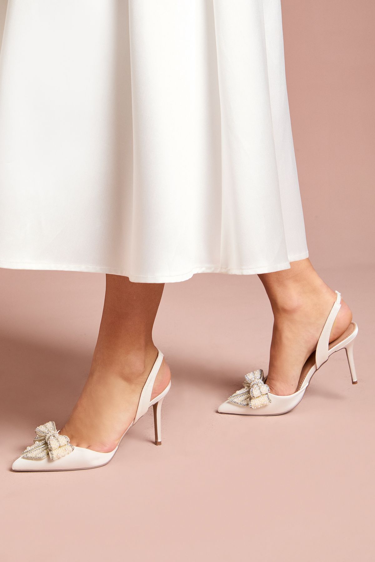 Coast Bridal Selena Satin Pearl Bow Pointed High Stiletto Heel Slingback Court Shoes White image 1