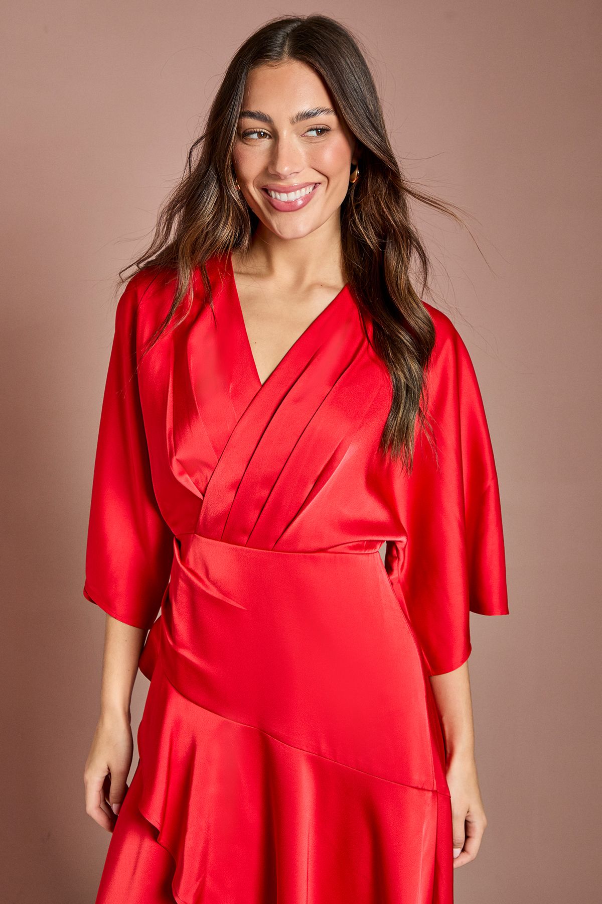 Coast Satin Back Crepe Ruffle Wrap Midi Dress Flame Red image 2