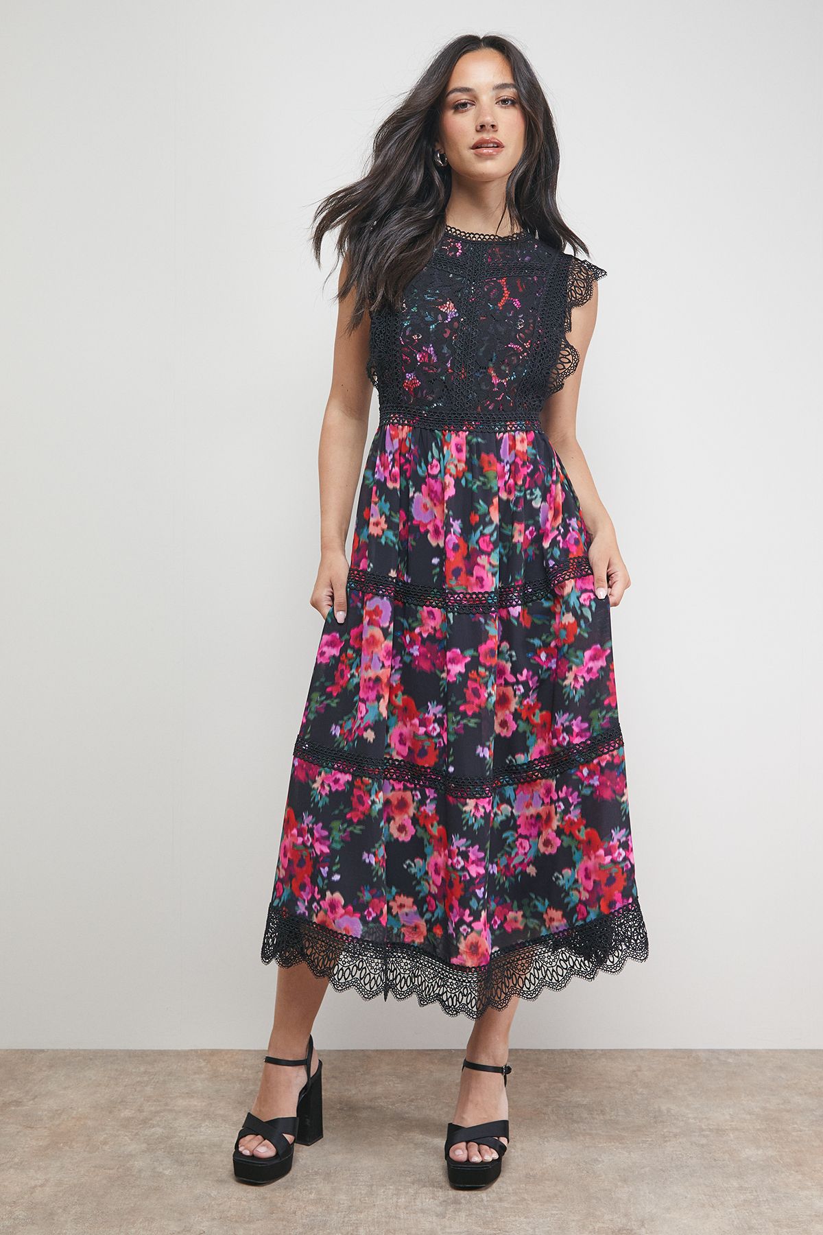 Oasis Lace Mix Bodice Midi Dress Multi image 1