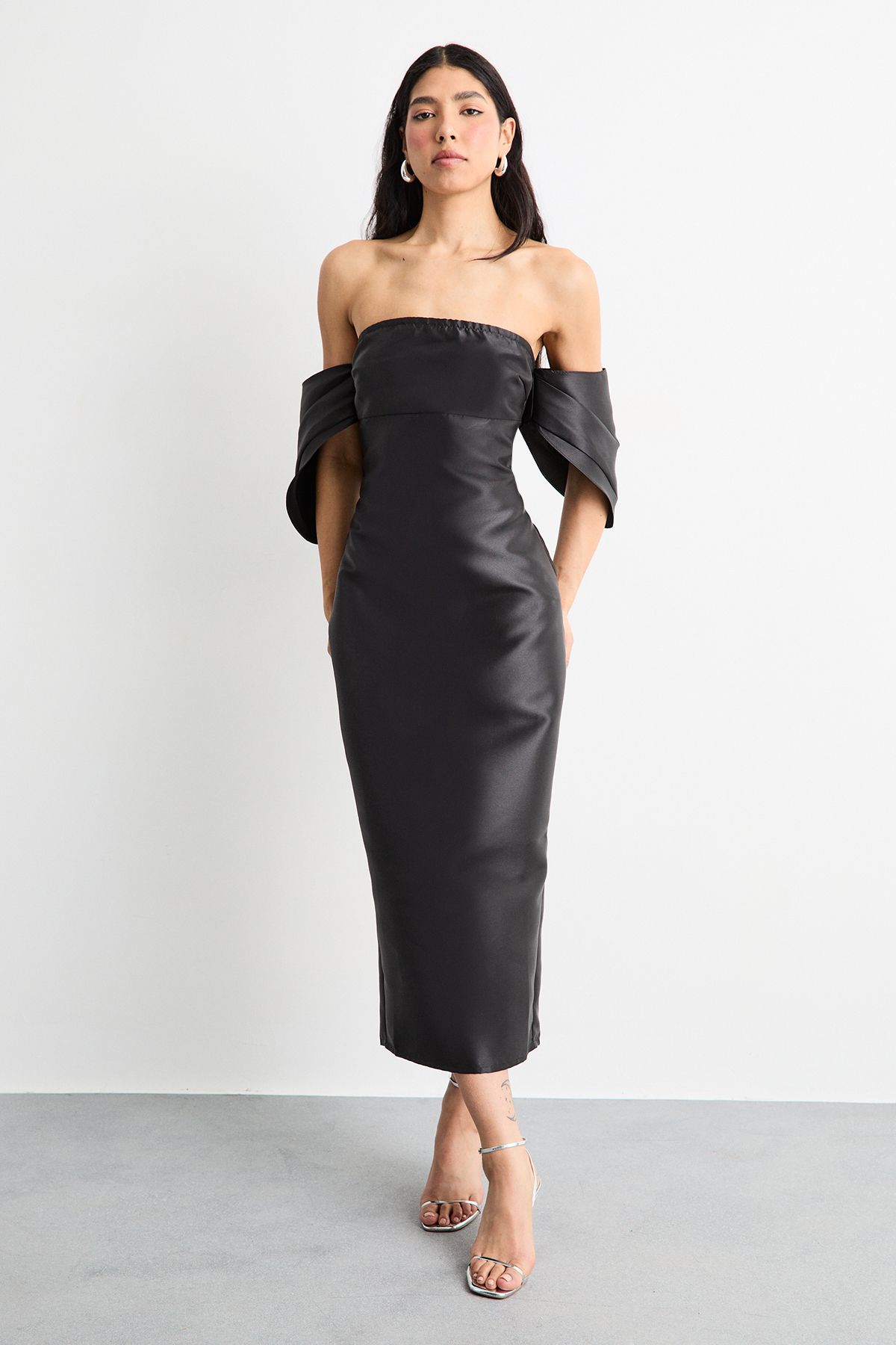 Warehouse Structured Puff Sleeve Bardot Midi Dress Black image 1