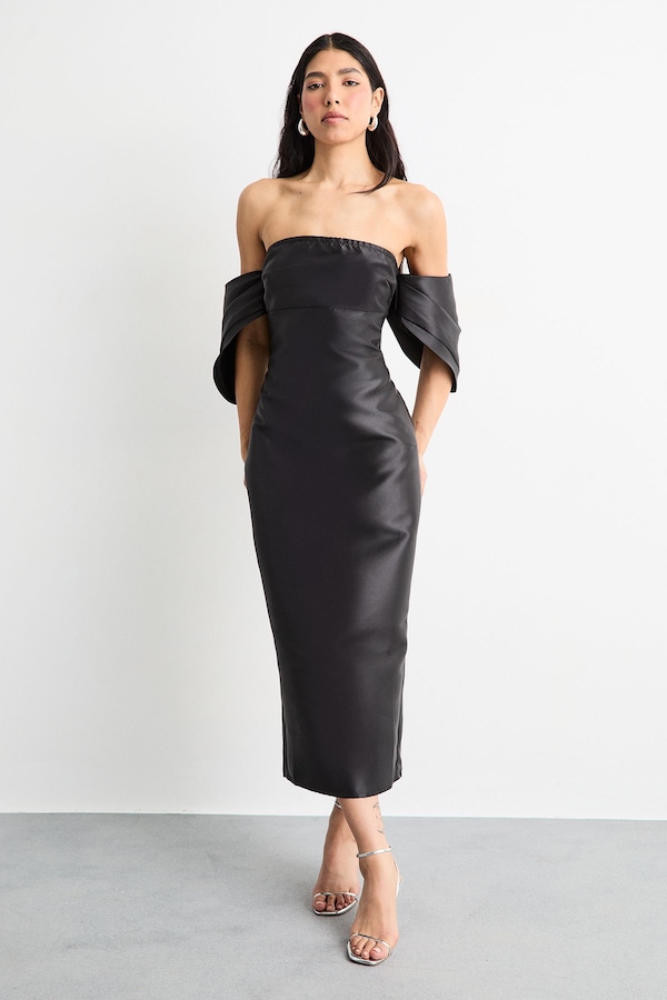 Warehouse Structured Puff Sleeve Bardot Midi Dress Black