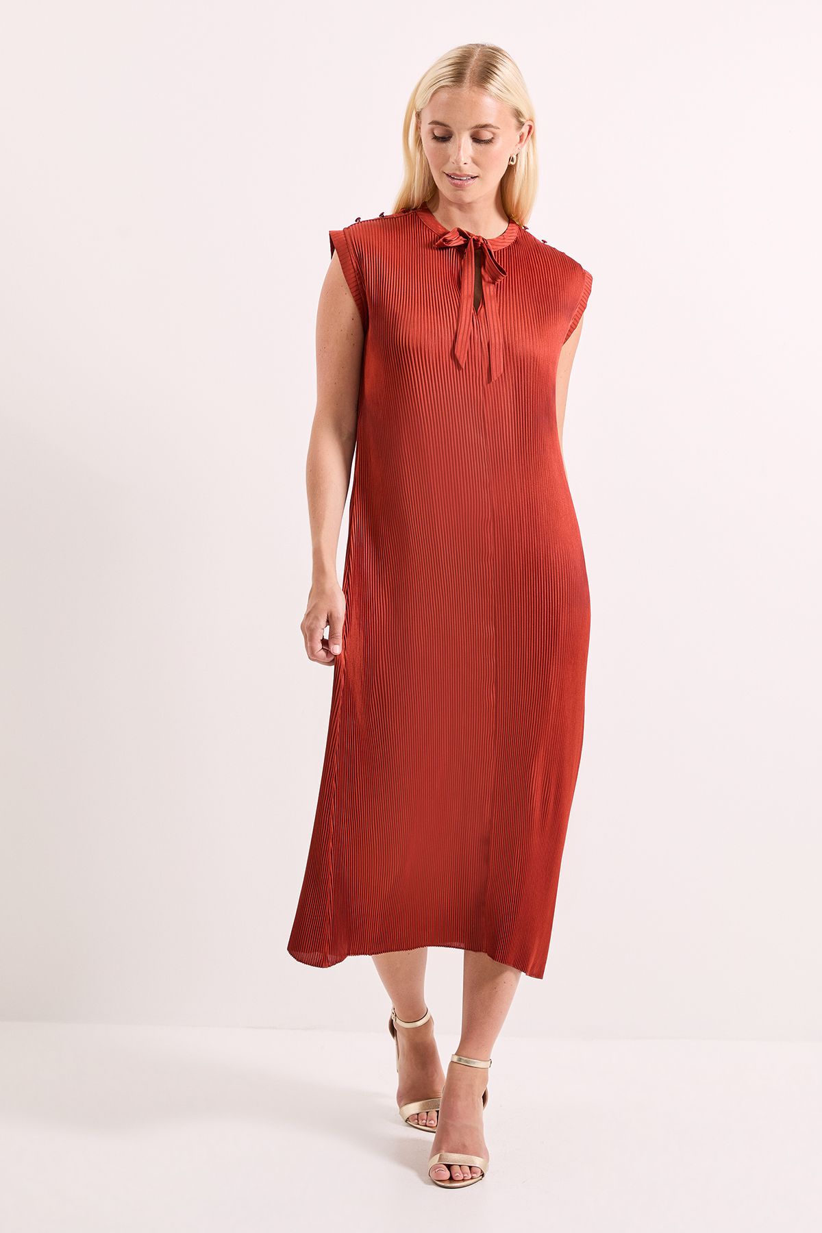 Principles Pleated Satin Column Tie Back Midi Dress Rust image 1