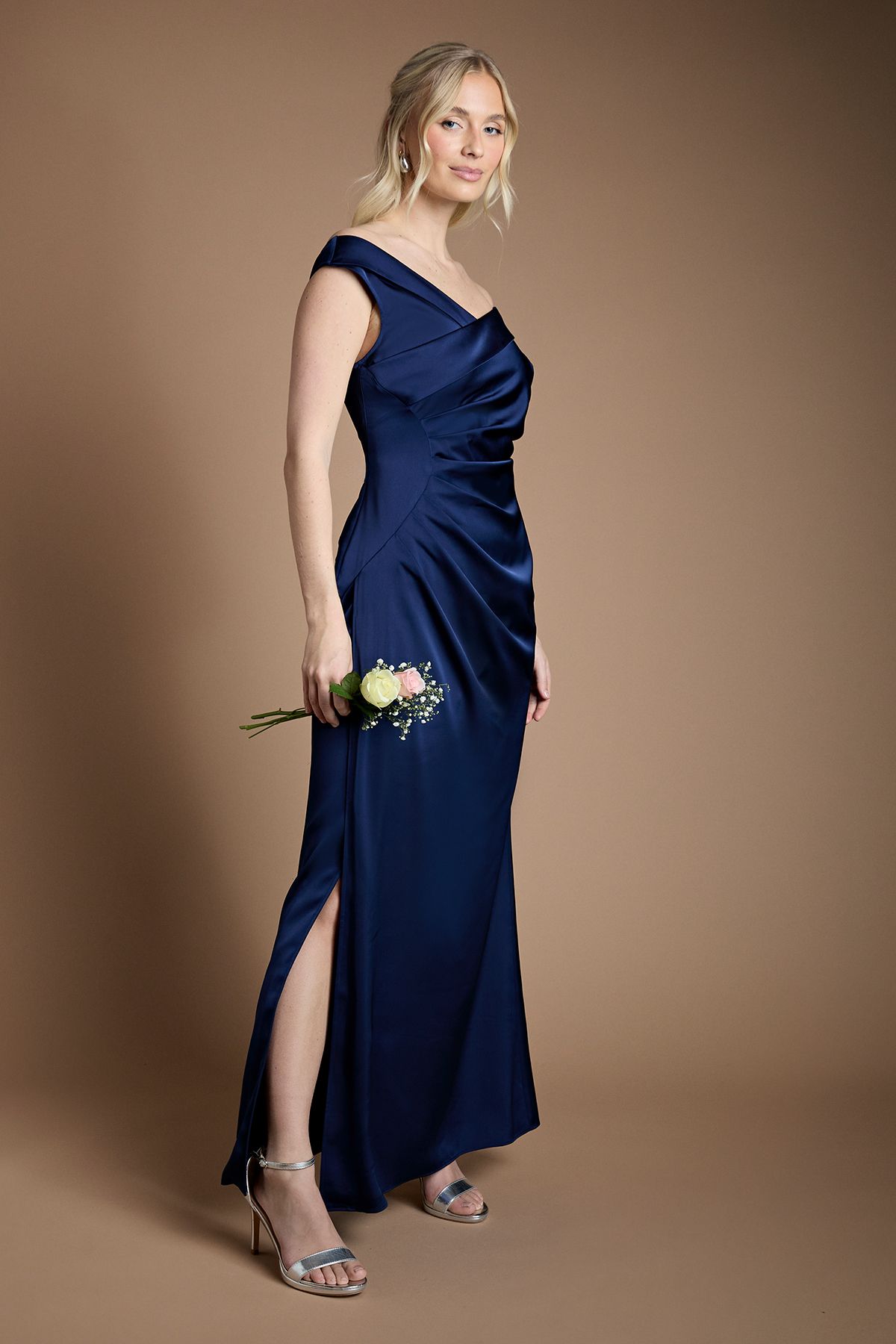 Coast Satin Bardot Bridesmaid Maxi Dress with Waist Ruching Detail Navy