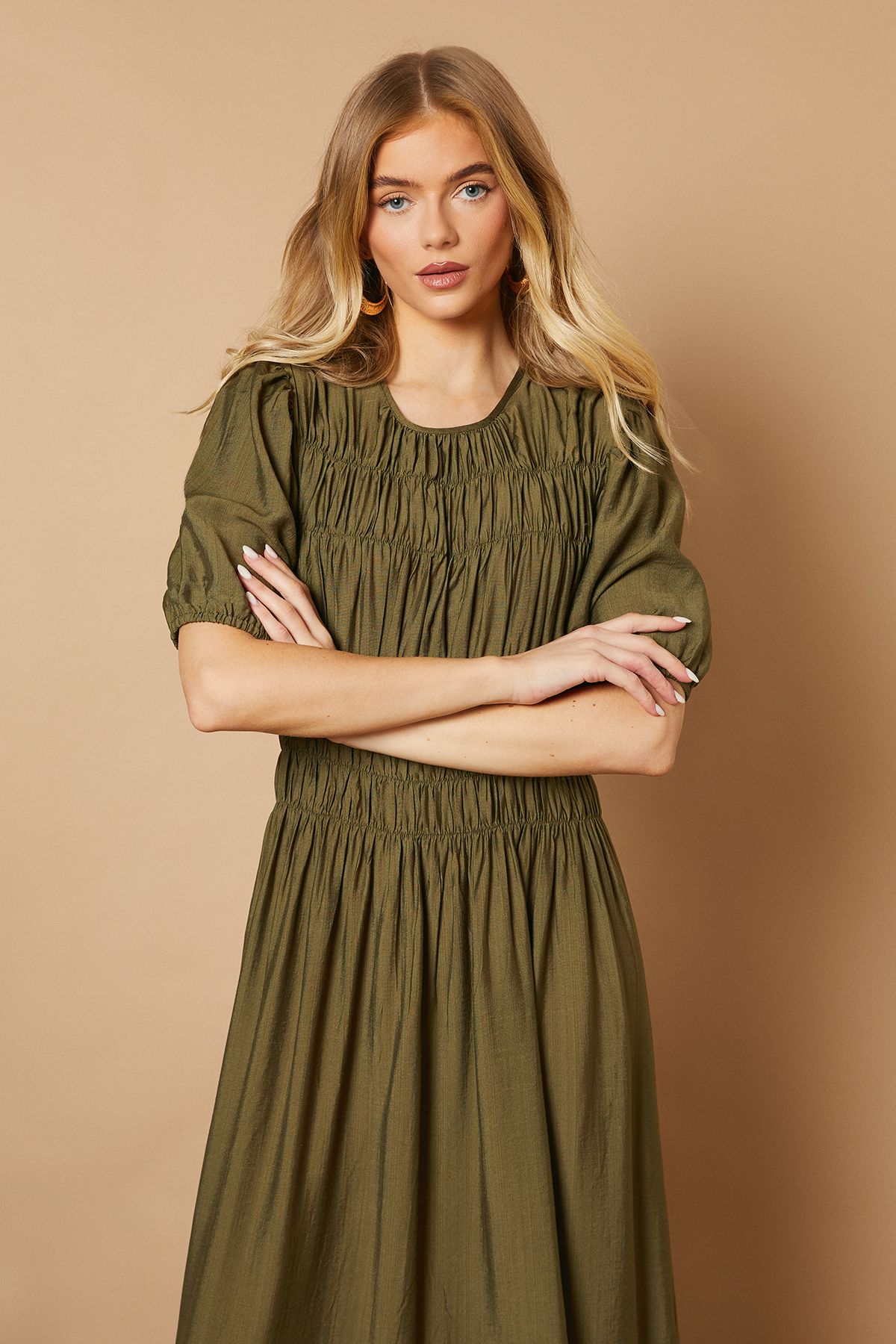 Oasis Shirred Bodice Puff Sleeve Midi Dress Khaki image 2