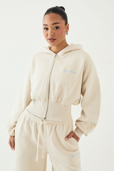 DSGN Studio DSGN Studio Script Embroidered Cinched Deep Hem Zip Through Hoodie Cream