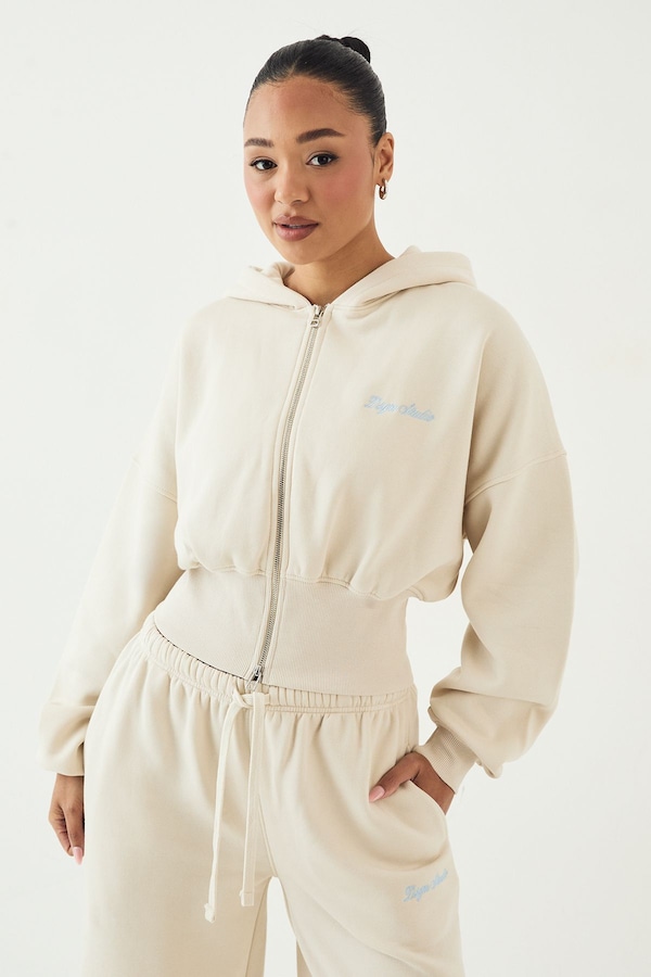 DSGN Studio DSGN Studio Script Embroidered Cinched Deep Hem Zip Through Hoodie Cream