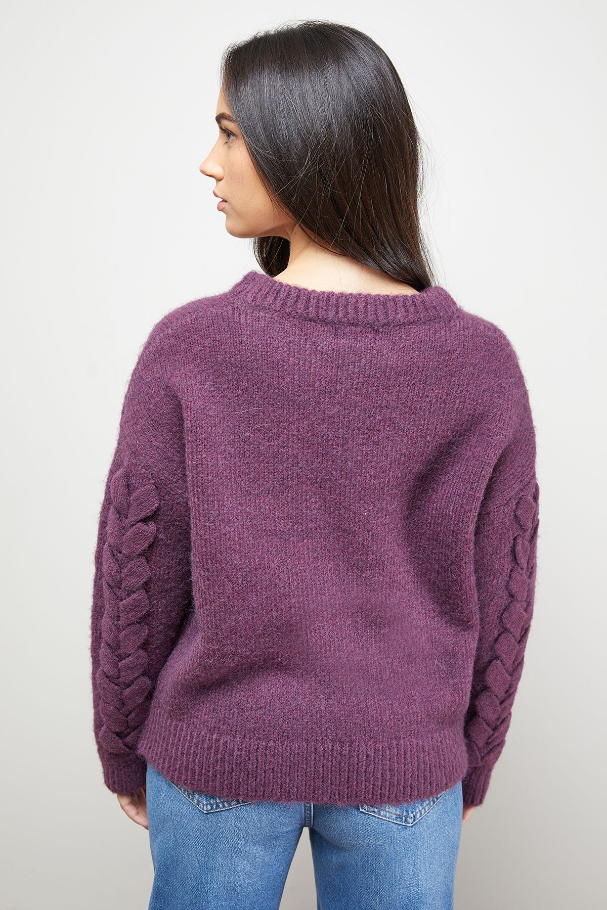Oasis Cable Knit Sleeve Crew Neck Cosy Jumper Aubergine image 3