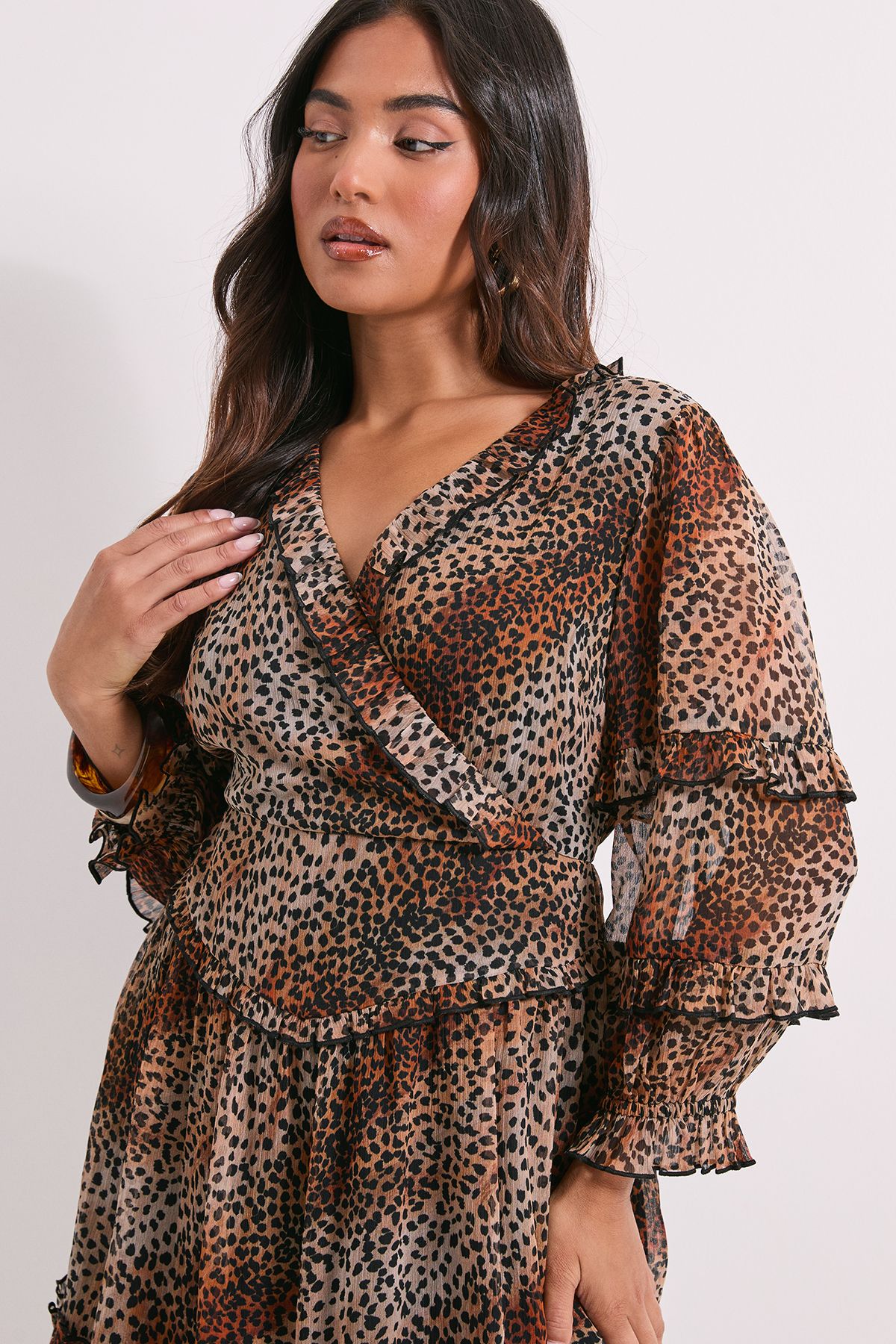 Dorothy Perkins Petite Animal Ruffle Trim Wrap Front Printed Mini Dress Animal image 4