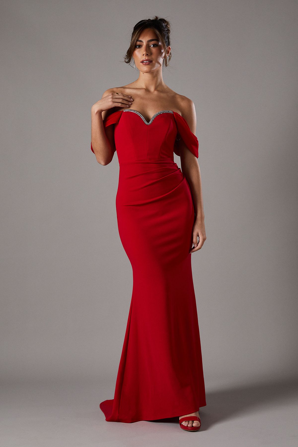 Coast Bardot Maxi Dress With Diamante Trim Red image 1