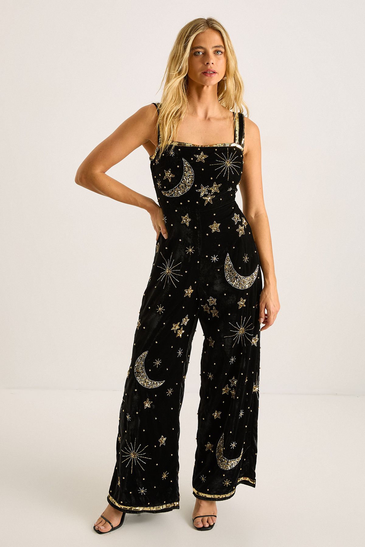 NastyGal Velvet Celestial Embellished Square Neck Jumpsuit Black image 2
