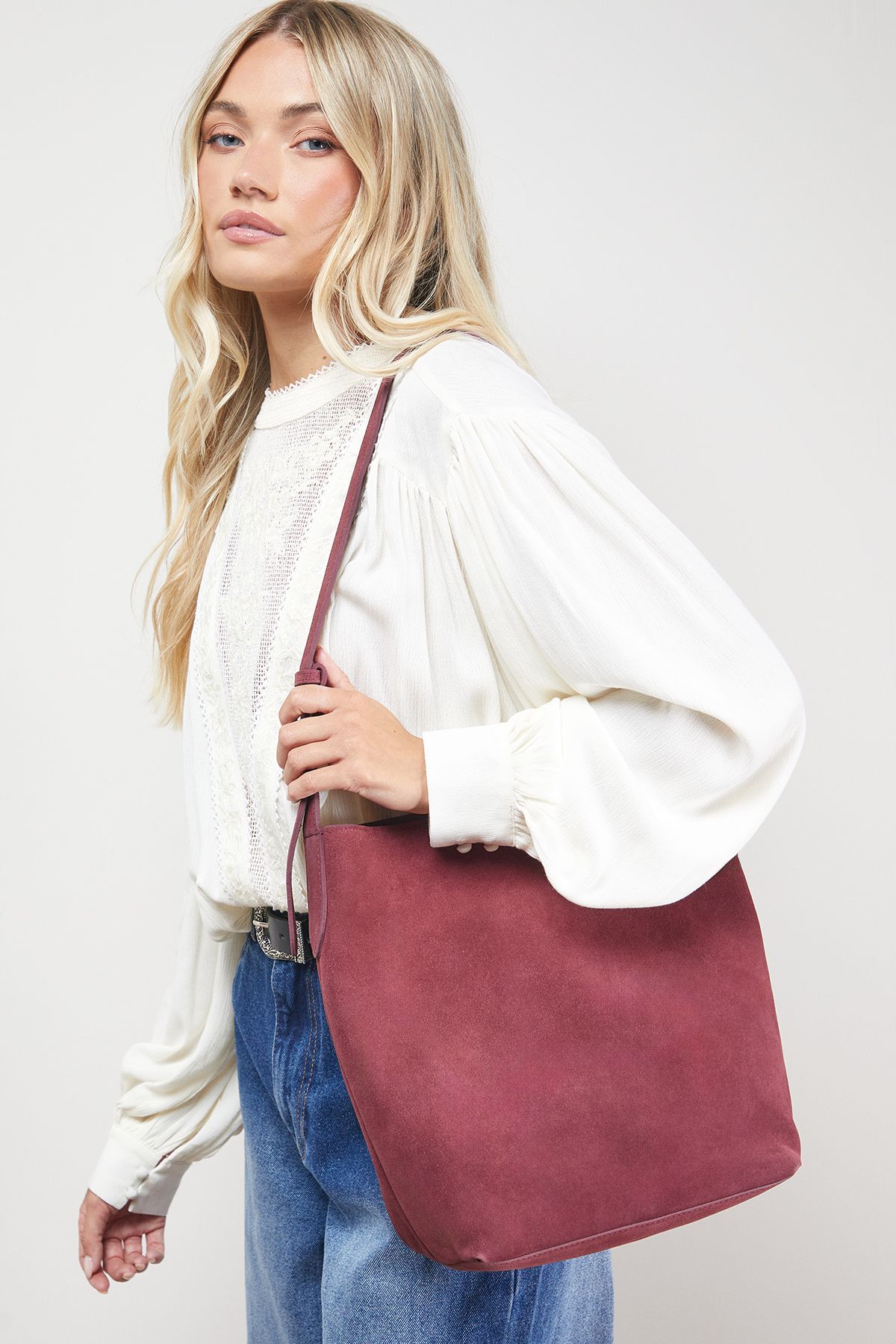 Oasis Lilah Suede Slouch Bag Dark Red image 1