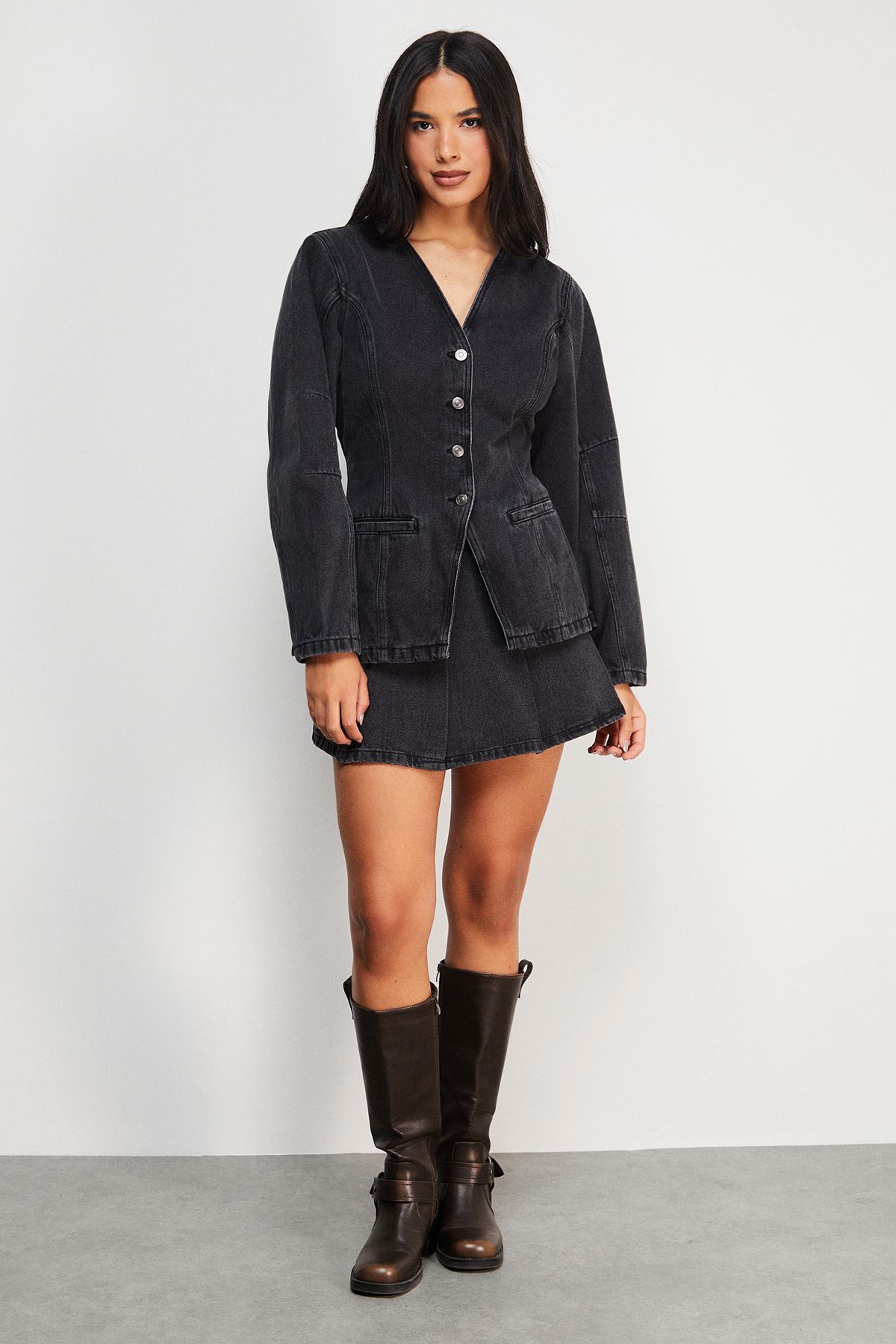 Warehouse Balloon Sleeve Nipped Waist Denim Jacket Washed Black image 2