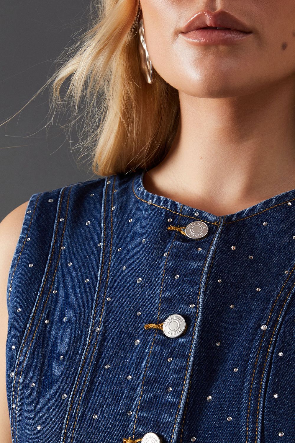 Warehouse Denim All Over Hotfix Button Waistcoat Dark Wash image 6