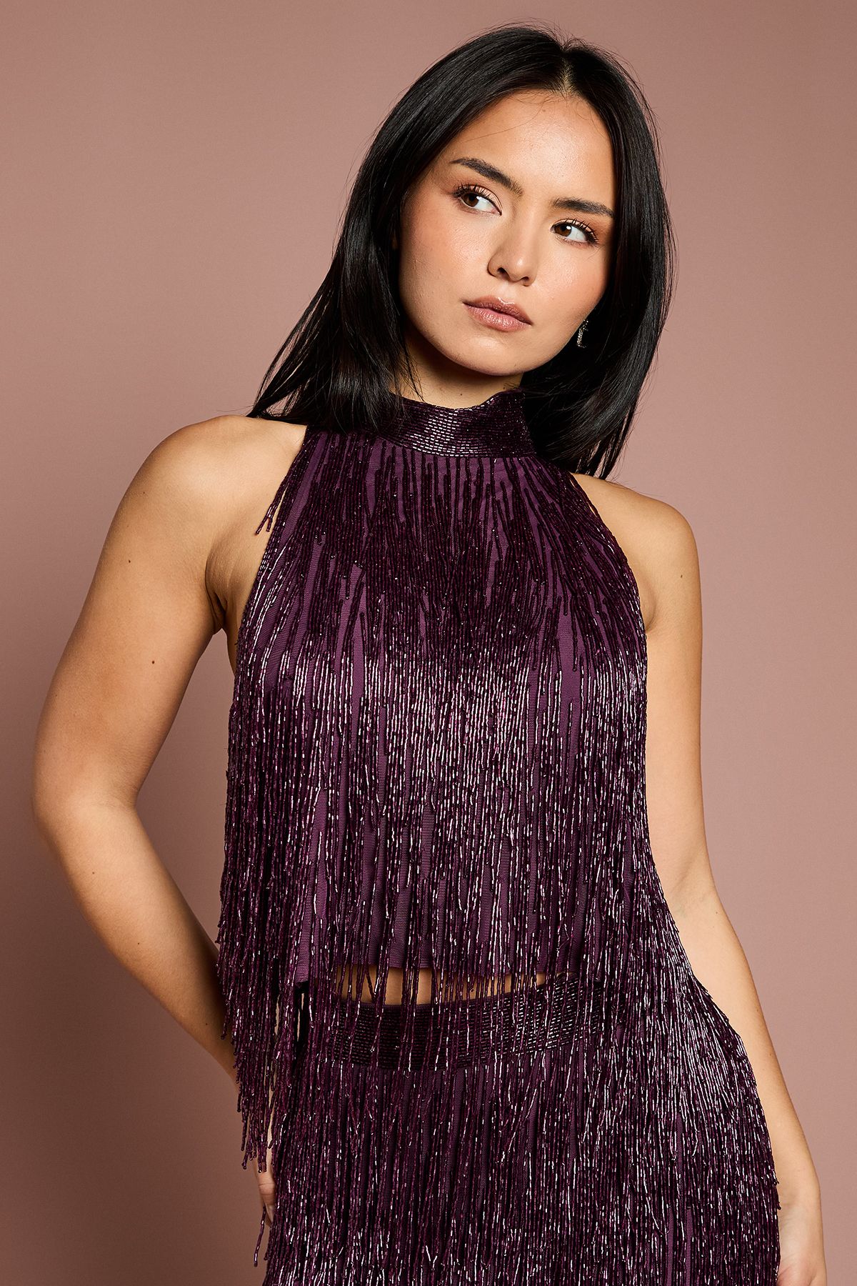 Coast Petite High Neck Embellished Fringe Top Plum