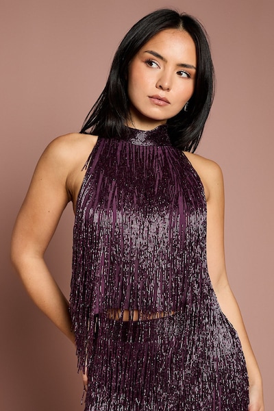 Coast Petite High Neck Embellished Fringe Top Plum
