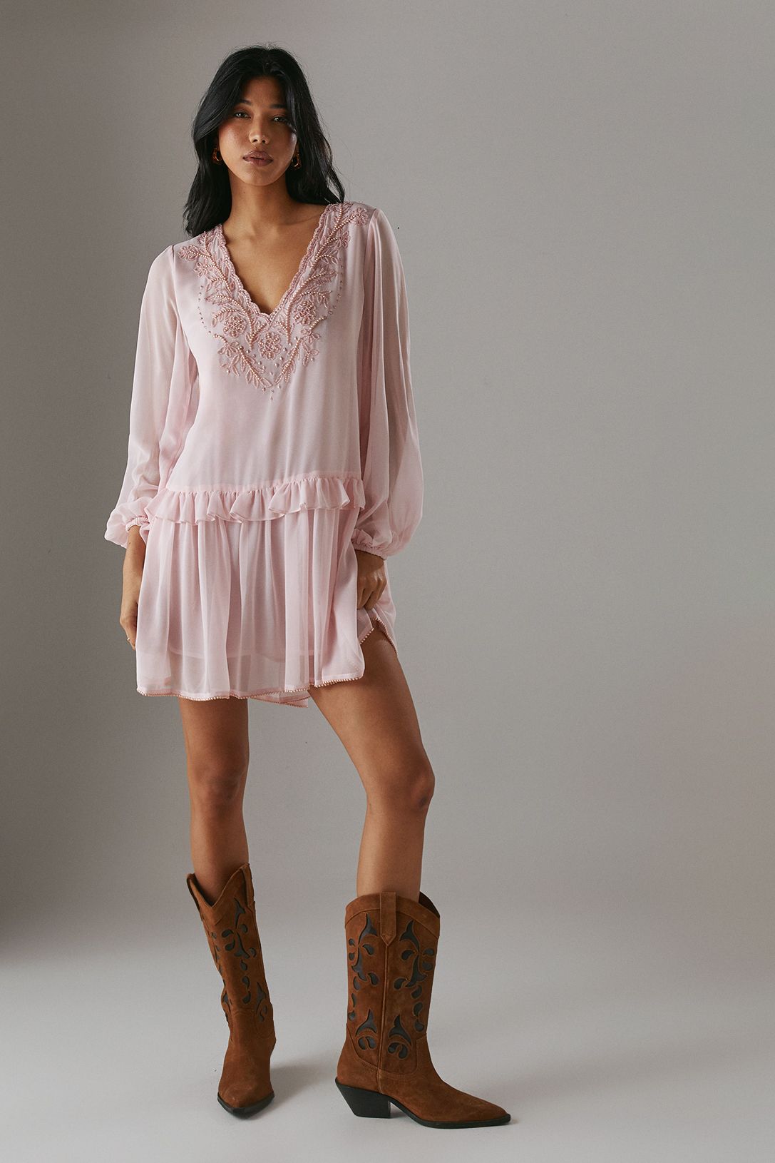 Warehouse Hand Embellished Chiffon Sequin Mini Smock Dress Pale Pink image 2