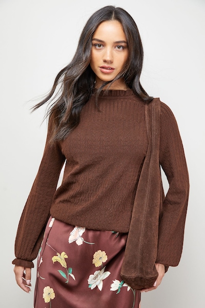 Oasis Ruffle Cuff and Collar Jumper Chocolate
