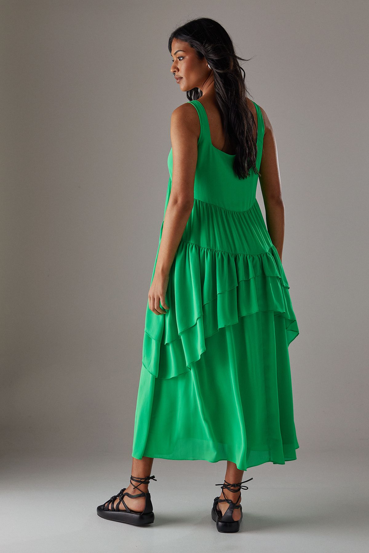 Warehouse Chiffon Ruffle Tier Smock Midi Sundress Green image 3