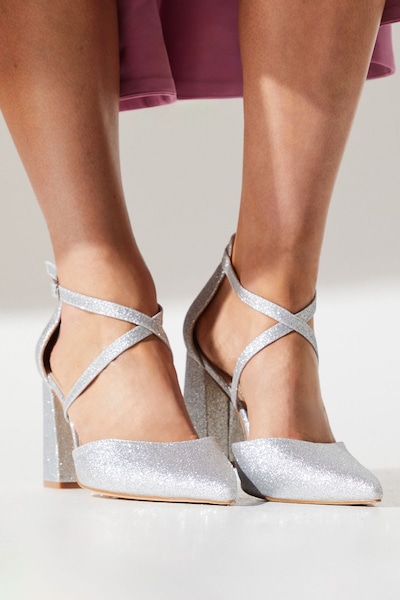 Coast Wide Fit Treat Glitter Cross Strap Pointed Block Heel Court Shoes Silver