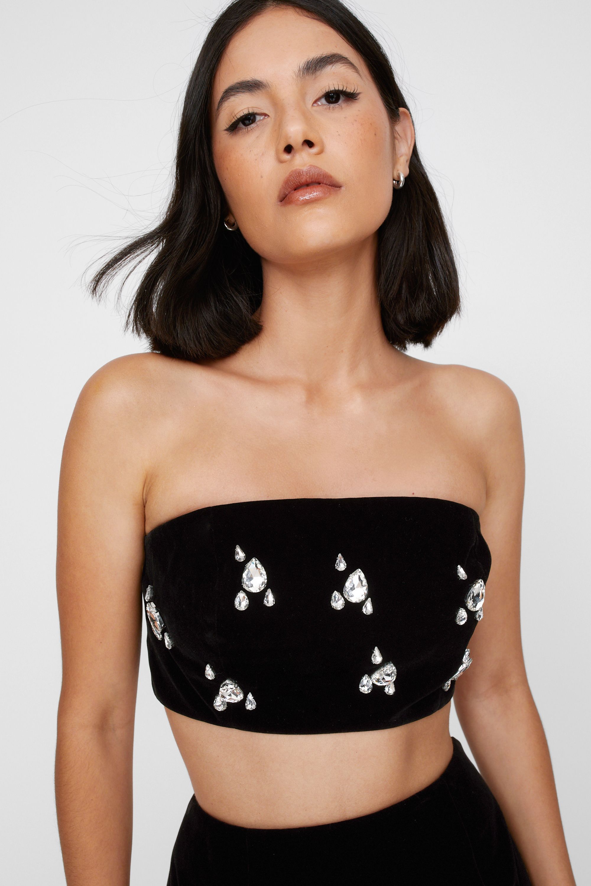 NastyGal Velvet Cluster Embellishment Bandeau Top Black image 1