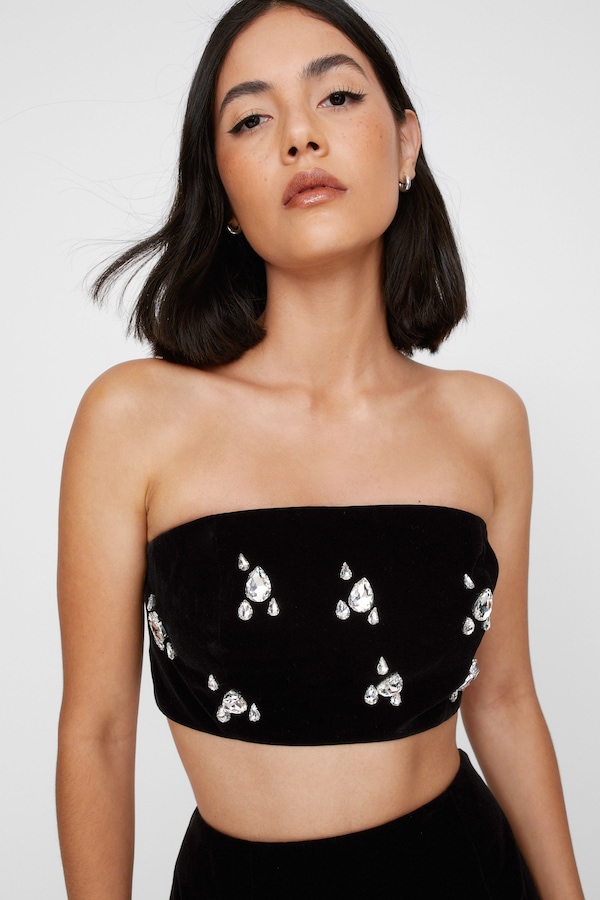 NastyGal Velvet Cluster Embellishment Bandeau Top Black